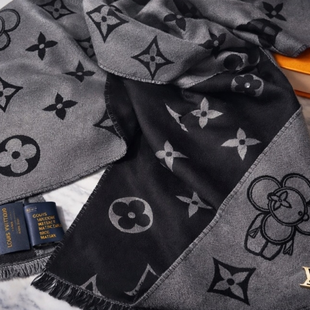 Louis Vuitton Monogram Vivienne Scarf in Black and Gray - Picture 3 of 5